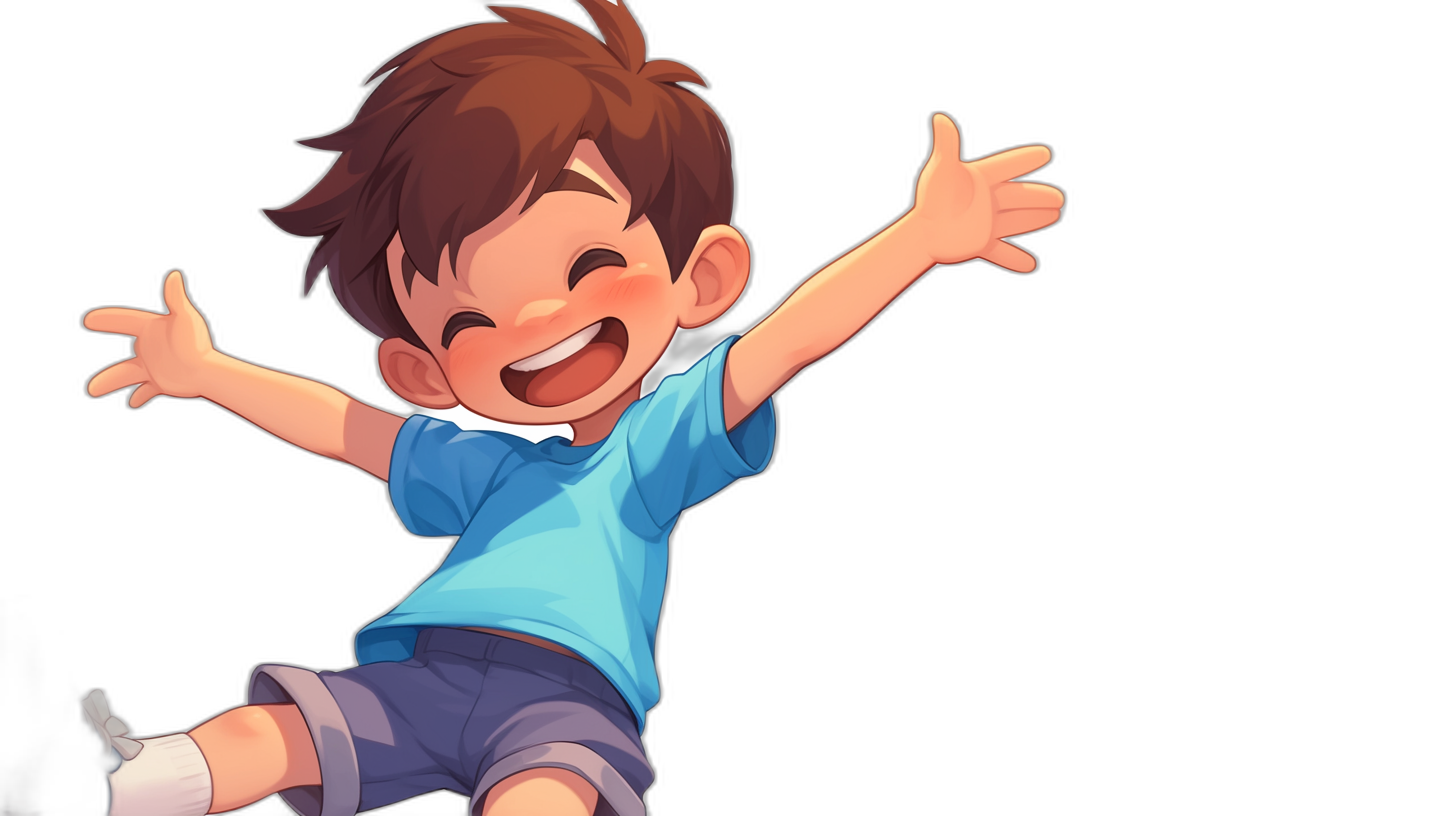 A cute little boy with brown hair, wearing blue short sleeves and shorts, smiling happily while jumping up in the air against a black background, with an anime style character design in the style of anime.