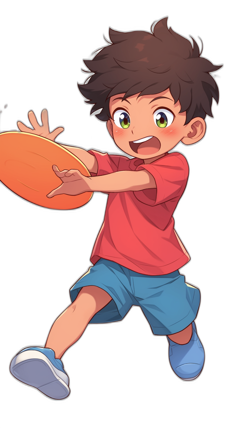 A cute boy playing frisbee, with a red t-shirt and blue shorts, against a black background, in the chibi style, in a colorful cartoon style, in the style of Disney Pixar.