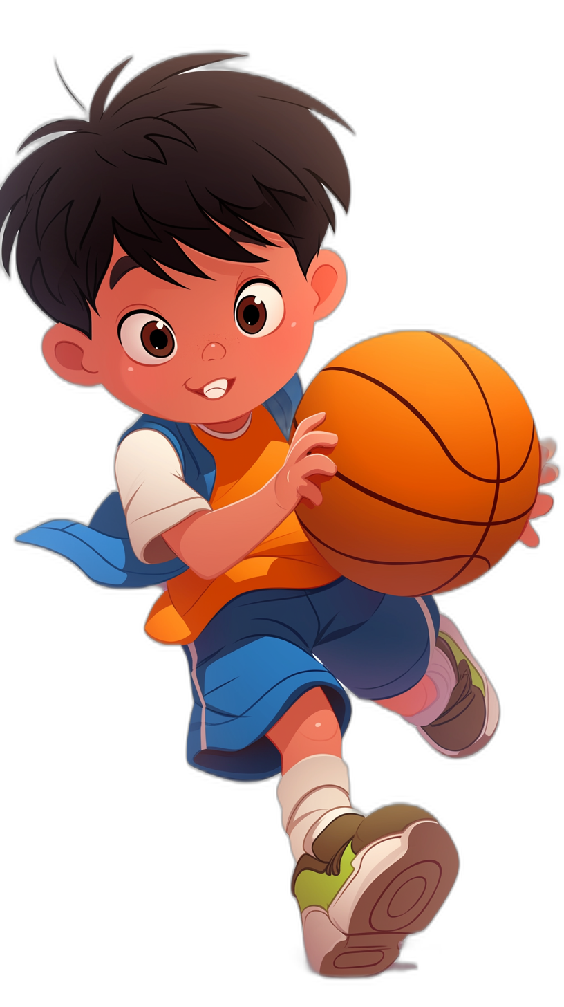 A cute little Asian boy is playing basketball, wearing blue and orange shorts with white stripes on the side of his pants, black shoes, in the style of a cartoon character with simple facial features, solid color background, high quality details, black background, high resolution. He has short hair, big eyes, long eyelashes, he holds an oversized ball in one hand and wears a cape over shoulder length sleeves. The whole body shape of the character is depicted in .