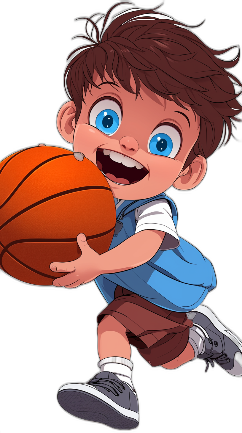 Cute cartoon boy playing basketball in the style of Disney, black background, happy expression, blue eyes and brown hair, wearing short sleeves with white stripes on the shoulders, dark gray shoes, holding an orange ball in his hand, smiling face, cartoon character design, full body portrait, simple lines, high-definition details, high resolution.