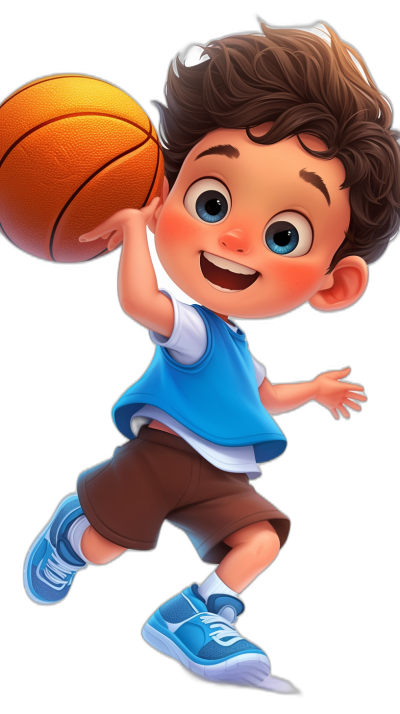 An adorable cartoon character of a boy playing basketball, wearing a blue and white shirt with brown short pants and light-blue shoes. He has dark-brown hair, big eyes, a smiling face expression, jumping in the air to dunk a ball. The background is black color. Rendered using high-quality CGI with 3D rendering technology, featuring vibrant colors and intricate details in the style of an animated cartoon.