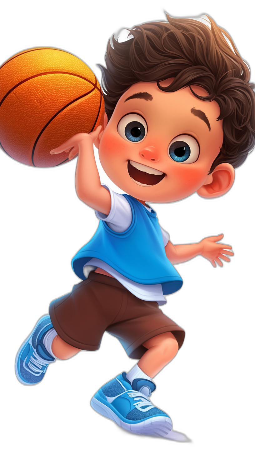 An adorable cartoon character of a boy playing basketball, wearing a blue and white shirt with brown short pants and light-blue shoes. He has dark-brown hair, big eyes, a smiling face expression, jumping in the air to dunk a ball. The background is black color. Rendered using high-quality CGI with 3D rendering technology, featuring vibrant colors and intricate details in the style of an animated cartoon.