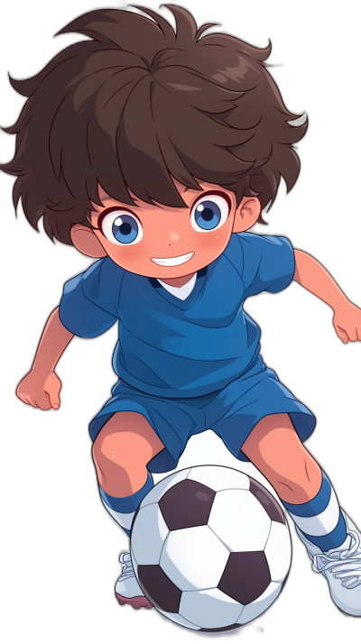 cute anime style, chibi character of a young boy playing soccer wearing a blue jersey and shorts with white shoes and dark brown hair in the air kicking a ball towards the camera, black background, a cute smile on his face, wearing long socks, blue eyes, in the style of an anime artist.