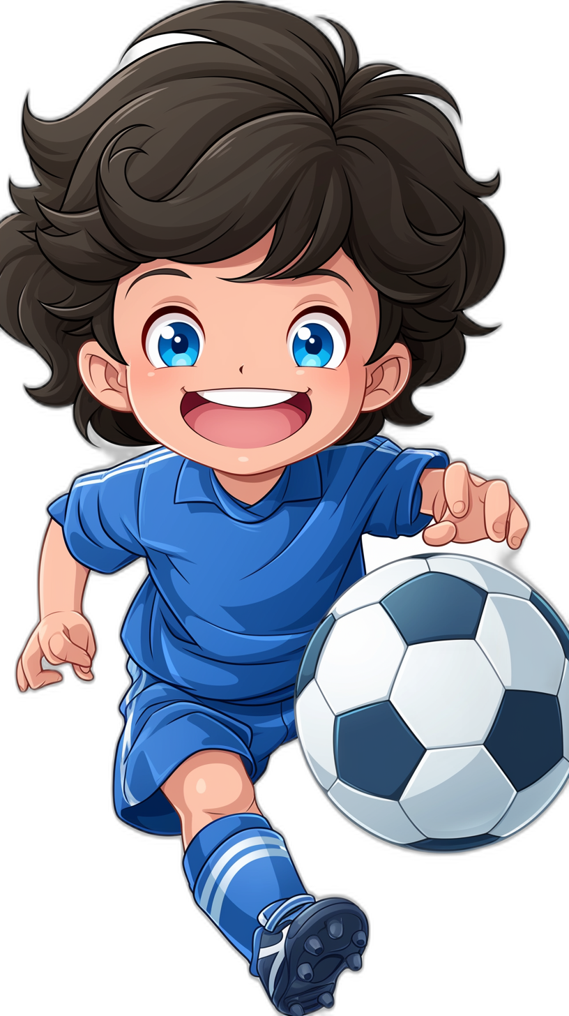 cartoon style anime illustration of a happy boy in a blue soccer uniform playing with a ball on a black background, with big eyes and long curly hair in a full body shot. The illustration is in the style of an anime artist.