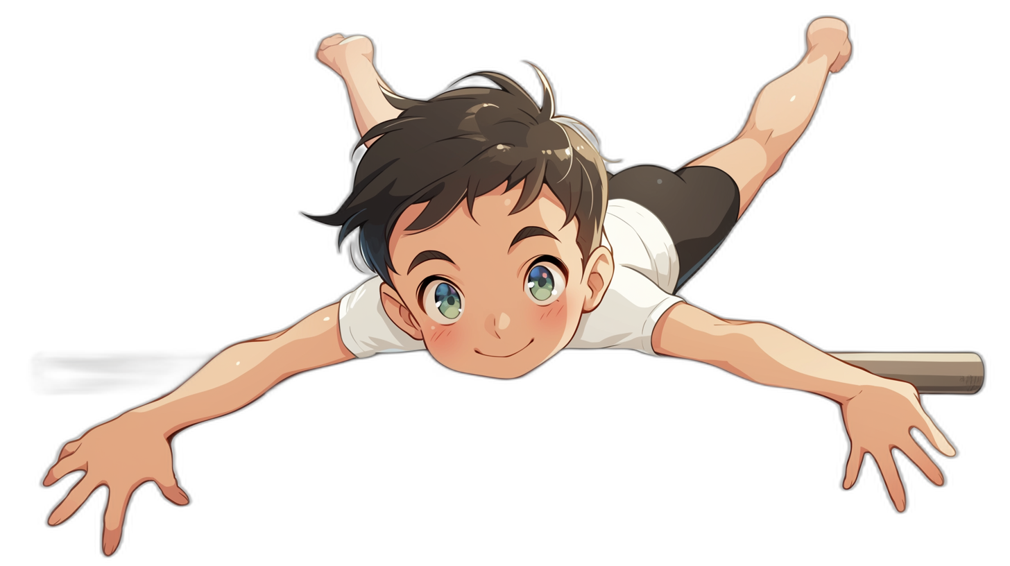 Cute anime boy doing a backflip on a black background, from a top view, in the style of [Studio Ghibli](https://goo.gl/search?artist%20Studio%20Ghibli) character design.