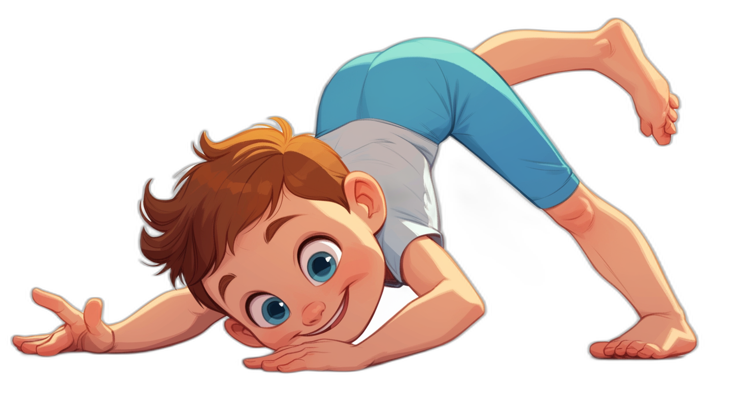 A cartoon boy doing a backflip in a yoga pose in the style of Disney, a cartoon drawing in the style of Disney against a solid black background, cute and funny.