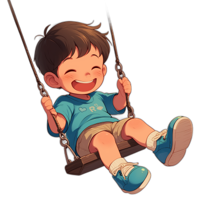 A cute little boy is sitting on the swing, smiling happily with his eyes closed and wearing blue short sleeves. He has brown hair and white sneakers on a black background. The illustration style should be in the style of anime cartoonish, with simple lines and bright colors. Use digital art techniques to create a high-definition image.