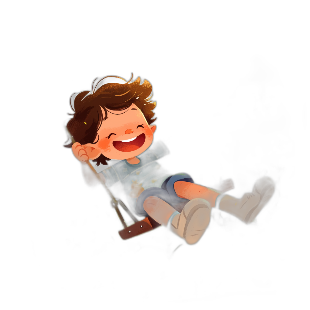 A cute cartoon of a smiling boy sitting on the swing, his legs hanging down, with a happy expression, against a pure black background, in a simple style, resembling 2D game art, in the style of 3d rendering, with a clay-like material, cartoon realism, using low saturation colors, and studio lighting.