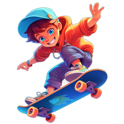 A cool cartoon boy is skateboarding in the style of Pixar animation on a black background with vivid colors. The 2D game art style illustration features detailed facial features with bright blue eyes. The boy wears a red shirt and cap while flying on his skateboard in a high resolution, high detail, high quality flat design character concept art.