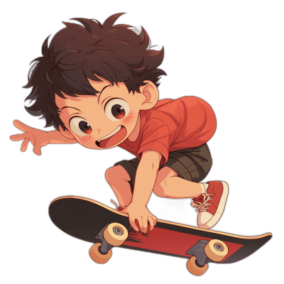 A cute cartoon boy with dark brown hair is riding on his skateboard against a black background in the style of anime.