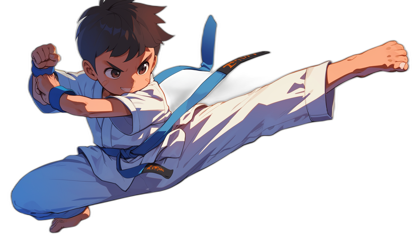 manga boy doing a karate kick, wearing white pants and a blue belt with a black background, full body shot, high angle view, in the style of anime, 2d game art