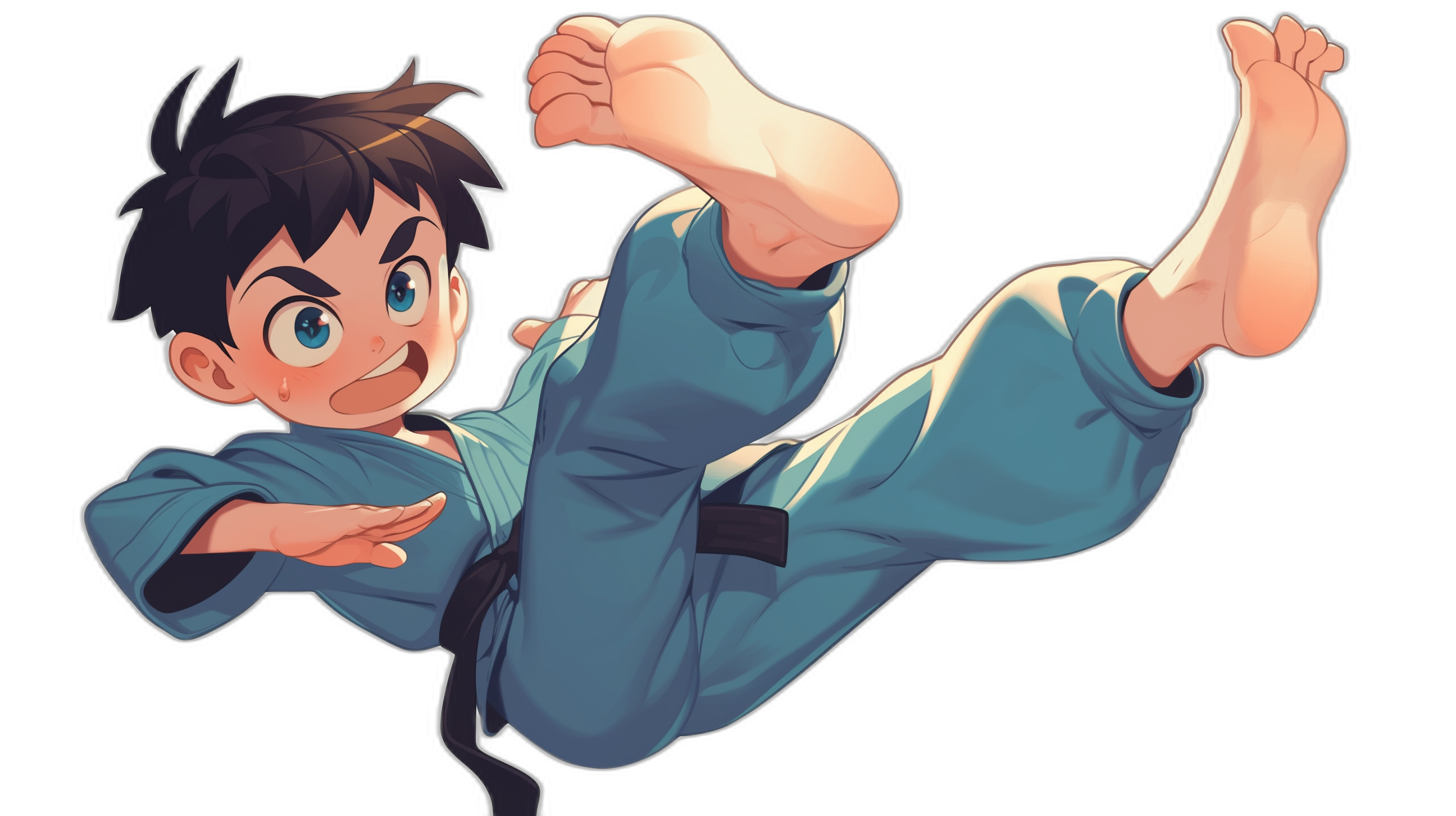 A young boy in a blue karate outfit, barefoot and smiling as he does a flying kick with his right leg against a black background, in the style of anime, with a chibi character design, in a cartoon style, with high quality, high resolution, and high detail, as a close up, with a detailed face, detailed hands, and detailed feet, showing his full body.