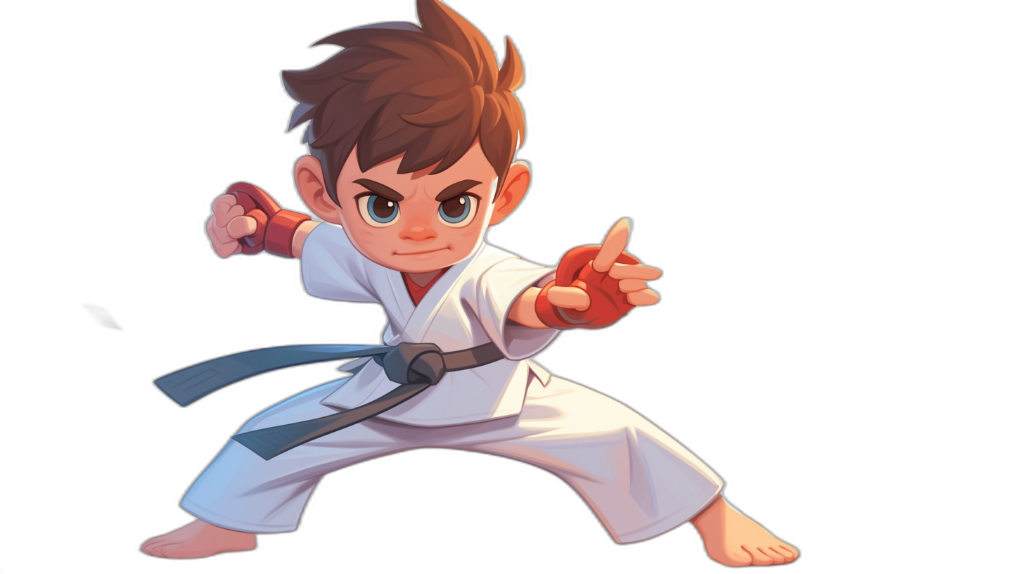 A young boy in white karate robes, with brown hair and blue eyes, ready to fight. He is striking an action pose, his right arm raised high as if about to punch forward. The background of the scene should be black or dark grey for contrast, creating a dramatic effect. This character will appear in various game backgrounds and in the story mode in the cartoon style.