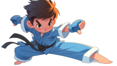 A young boy in a blue karate outfit doing a kick in a cute, kawaii style with a black background, a chibi anime character, a vector illustration in the style of [Artgerm](https://goo.gl/search?artist%20Artgerm) and [Atey Ghailan](https://goo.gl/search?artist%20Atey%20Ghailan) and [Studio Ghibli](https://goo.gl/search?artist%20Studio%20Ghibli), a professional digital art, digital painting, sharp focus, high resolution.