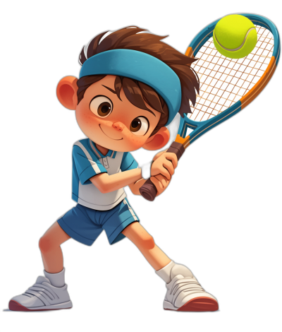 Cute cartoon boy playing tennis, wearing blue and white shorts with a headband on his forehead, holding a racket in his right hand to hit the ball, black background, cartoon style, 2D game art style, cute character design, bold color scheme, high-definition details, lively sports scenes, cartoon illustrations, children's book illustration style in the style of children's book illustrations.