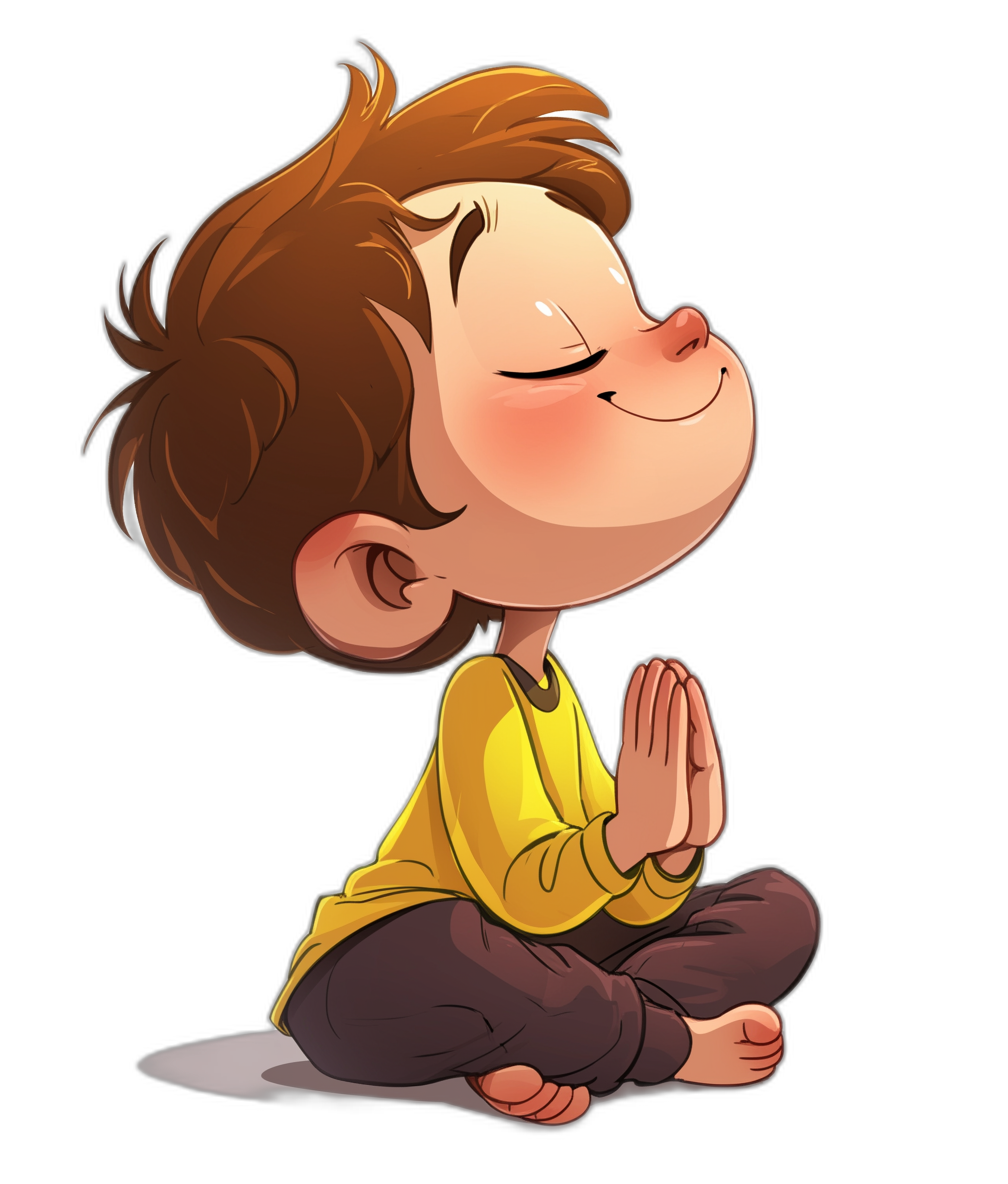 cartoon of little boy doing yoga, cartoon style, happy face expression, black background, cute, adorable, cute hands and feet, yellow shirt, brown pants, closed eyes, praying pose