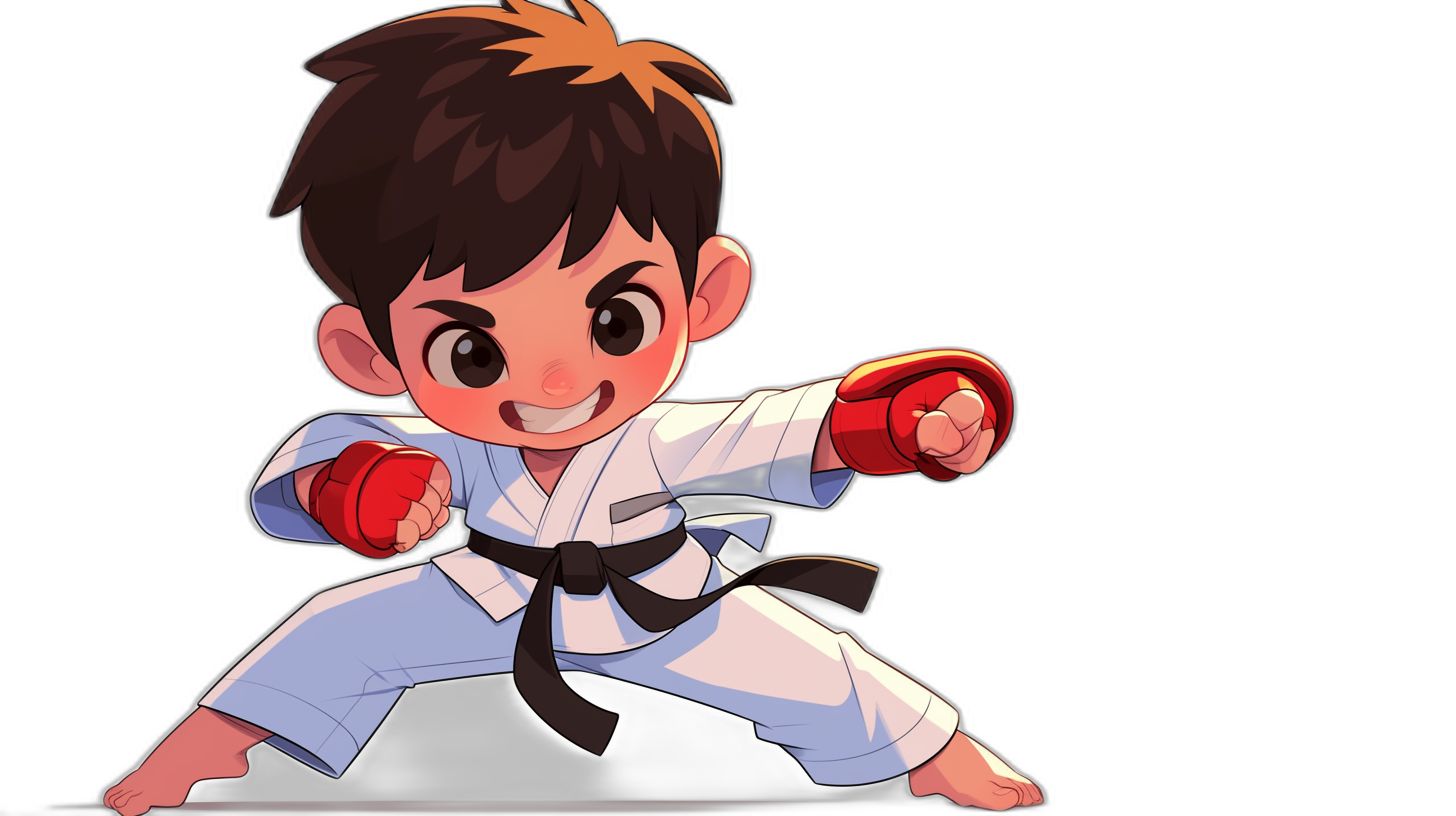 A cute boy doing karate, simple chibi style with black background, vector art, full body shot, 2d cartoon illustration, high resolution, character design, clean and sharp inking technique, colorful animation stills, bold colors, white outfit