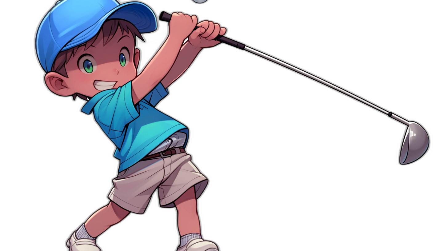A young boy in a blue cap and shirt, white shorts playing golf against a black background, in the cartoon style, with a simple design, in the anime style, with a chibi character design, at a high resolution, as a vector illustration, colorful, showing the full body, like 2d game art, of high quality, with high detail, at a high definition, with sharp focus, isolated on the left side of the canvas, with no shadows, only color on a pure black background. The right part is blank for copy space to add text later.