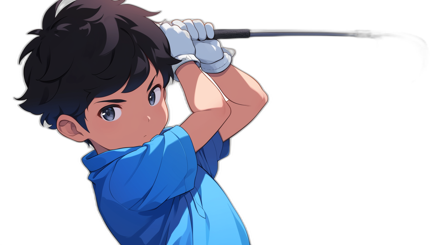 A young boy with black hair and a blue t-shirt swinging a golf club in the style of Ghibli Studio. A simple 2D vector illustration with a black background in the style of Gios Freements. A cartoon character in high quality and high resolution with cel shading.