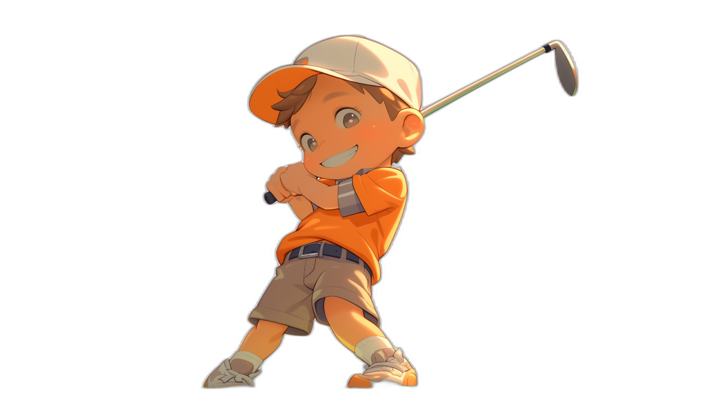 A cute boy playing golf, wearing an orange shirt and white cap, swinging the club with great speed. The background is black, and he has no shadow on his body. In the style of anime and Pixar animation.