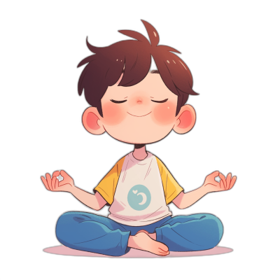 A cute little boy is sitting in the lotus position with his eyes closed, wearing yoga  and smiling. He has short brown hair and bangs on top. The t-shirt he wears features an illustration of two moons on one side. Black background. Cartoon style. Flat design.