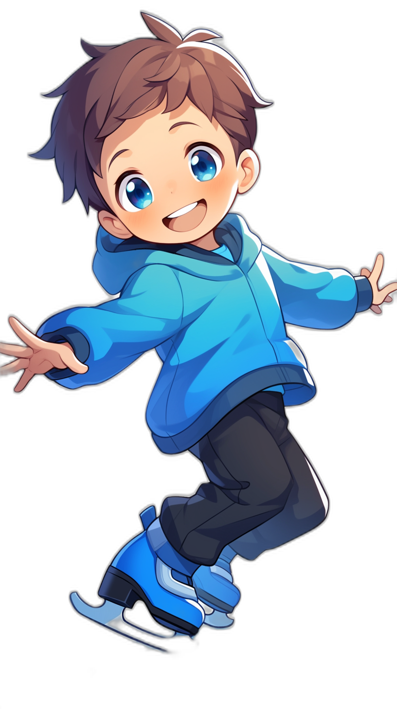 A cute little boy with brown hair, blue eyes and ice skating shoes on his feet is wearing black pants, smiling and jumping in the air, in the style of anime, wearing a light blue hoodie, on a solid background, in the style of 2D game art, a cartoon illustration, with a simple design, in the style of a chibi character, with high resolution, high detail, cute, colorful, with bright colors, a full body portrait, with a black bottom background.