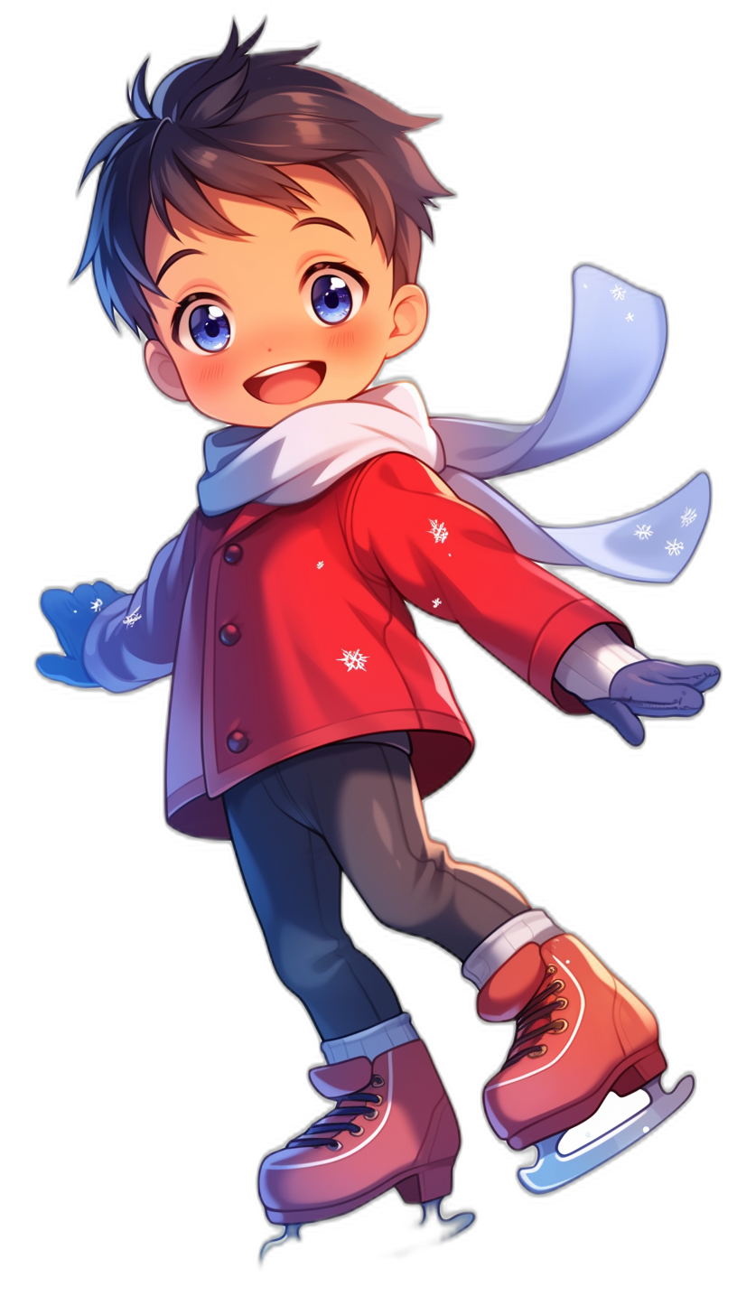 chibi style, cute boy with short hair and blue eyes ice skating in a red coat, white scarf, dark jeans and light brown shoes on a black background.