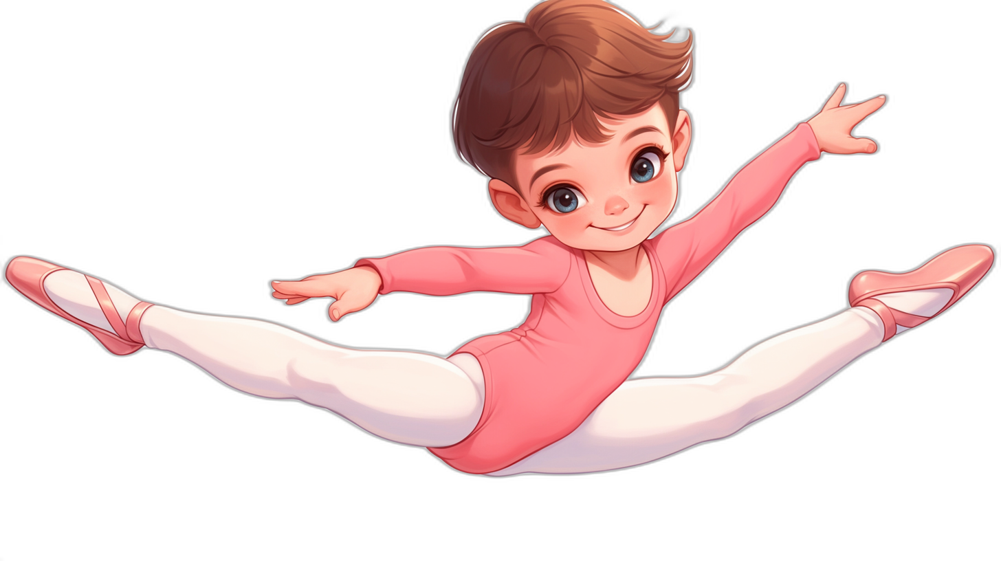 A cute little girl is doing a somersault, wearing pink long sleeves and white tights on a black background, in the cartoon style, in the style of Disney Pixar animation character design, in the Disney illustration style, with high resolution, high detail, and high quality.