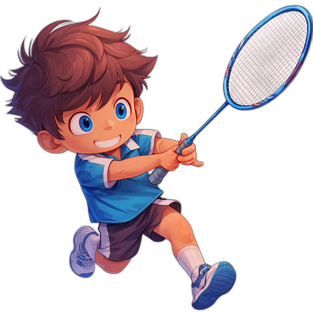 A little boy with brown hair, wearing blue and white shorts and sports shoes is playing badminton in the style of anime character design. He has an excited expression on his face as he plays with determination. The background color should be black to highlight him and the details such as facial expressions and movements can also add more depth. Anime cartoon style, Black Background