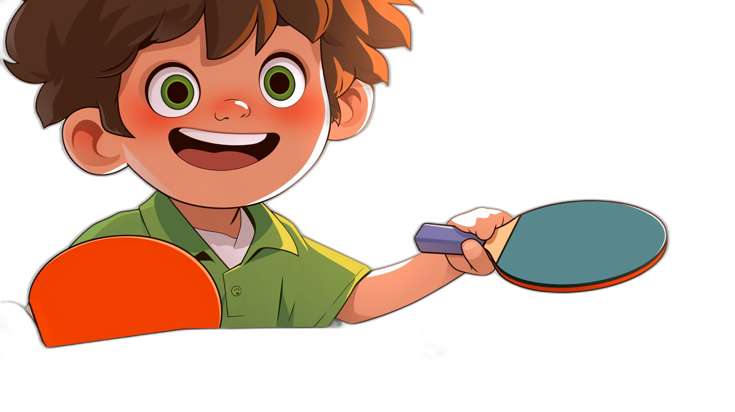 A boy holding a table tennis racket, smiling and playing table tennis against a black background in the style of a cartoon. The illustration is in a colorful, animated still flat style similar to Pixar. It has a black, orange, and green color scheme and is a high quality, cute, and dreamy image.