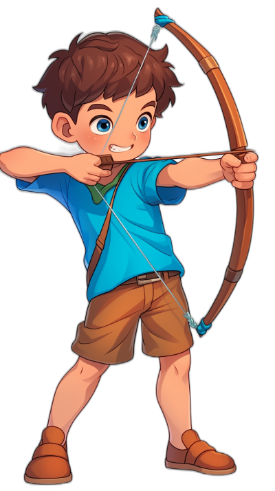 a cartoon boy with brown hair, blue eyes and wearing shorts is shooting an arrow, he has his bow in the air as if about to shoot, clipart style on black background, hd, Disney Pixar illustration style, cartoon character portrait