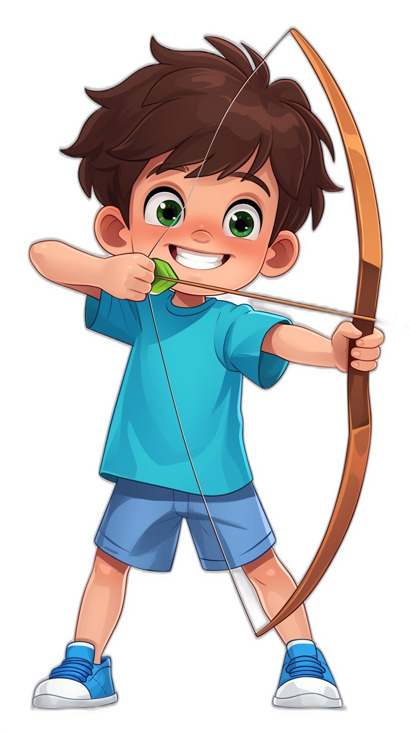 a cartoon boy with brown hair, green eyes and wearing blue shirt holding an arrow ready to shoot in his hand on black background. The style is vibrant illustration art. He has short dark brown hairs. A bow behind him as well. Wearing shorts and white shoes