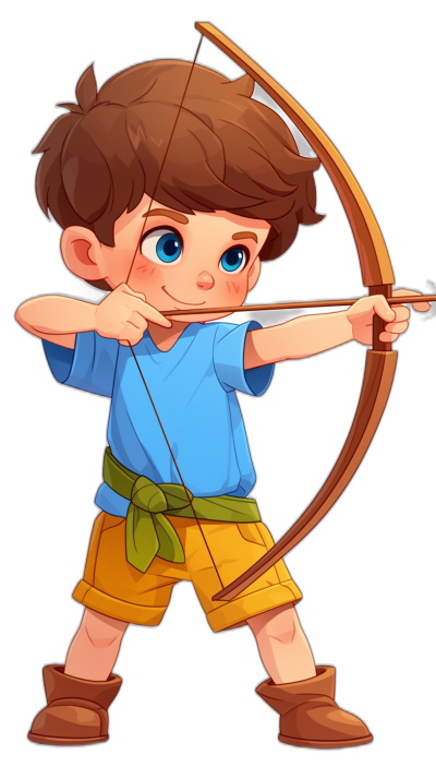 A cartoon style boy archer, with brown hair and blue eyes wearing yellow shorts. His outfit is in the style of the Disney movie Frozen, as he shoots a bow against a black background in a Pixar art style.