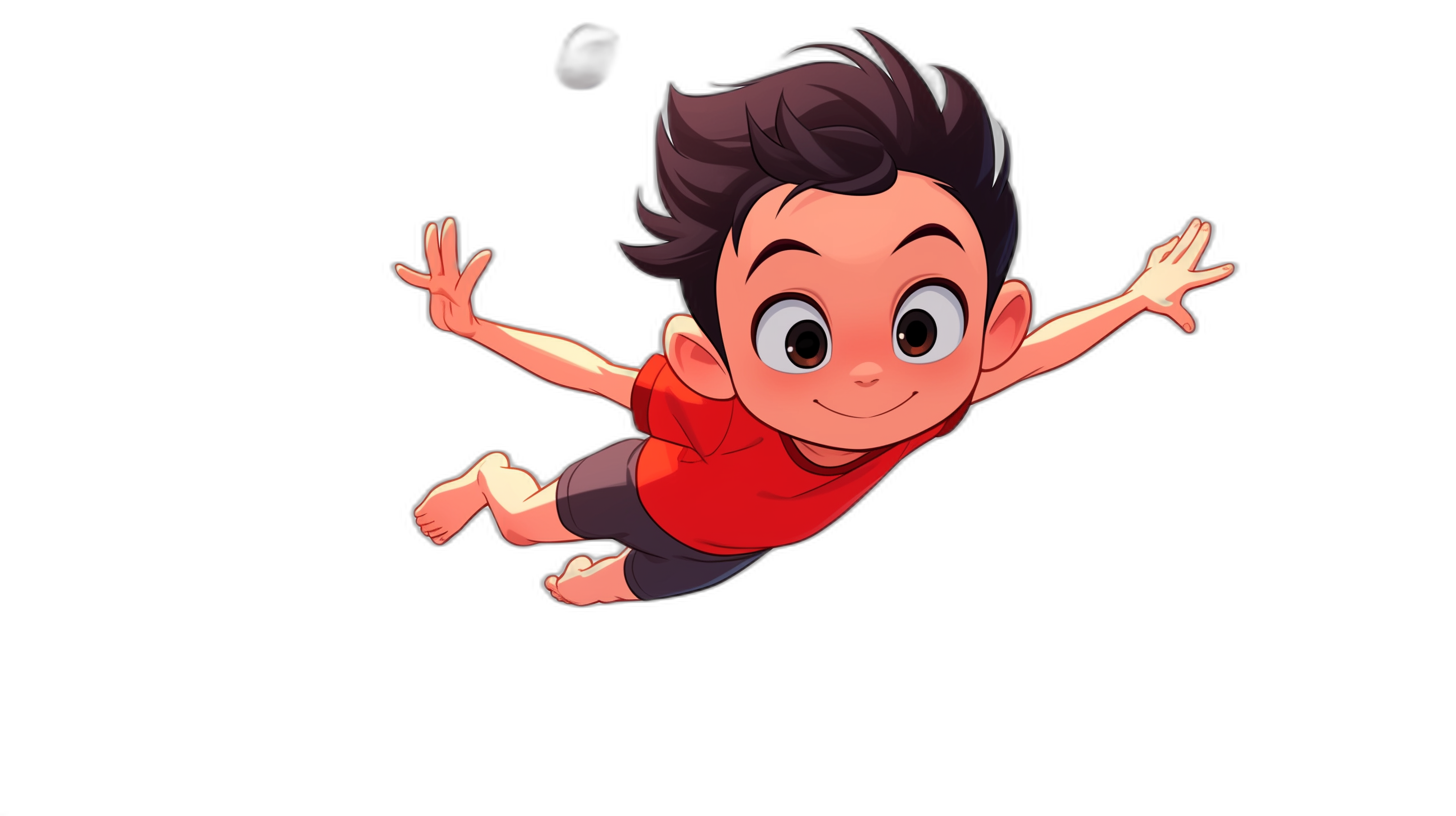 cartoon style, cute boy in a red t-shirt and black shorts flying through the air against a black background, in the style of Disney cartoon, in the style of Pixar cartoon