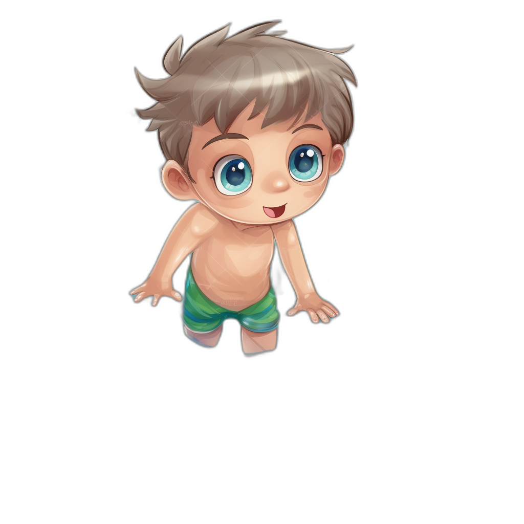 chibi, full body of baby boy with blue eyes and short hair in swimming trunks smiling floating on black background, pixar style