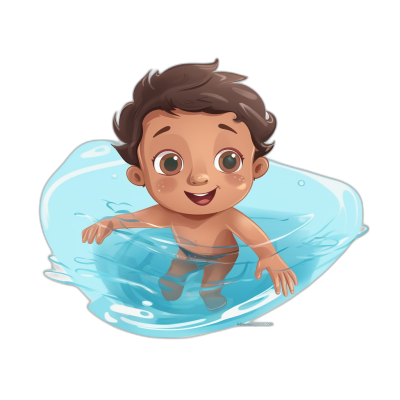 A cute little boy swimming in the water, with a black background and flat illustration style in the style of a cartoon character design. He has a light blue skin tone, wears white body , and has dark brown hair and big eyes with a smiling expression. The outline of the characters is clear and the details are high-definition.