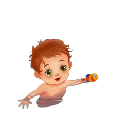 A cute cartoon baby boy with brown hair and green eyes swimming in black water, holding colorful toy fish in his hand. The drawing is in the simple style with the image isolated on a pure solid dark background. The photo is high resolution with high quality and extreme detail, depicted in the style of realistic clipart.