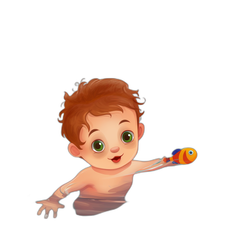 A cute cartoon baby boy with brown hair and green eyes swimming in black water, holding colorful toy fish in his hand. The drawing is in the simple style with the image isolated on a pure solid dark background. The photo is high resolution with high quality and extreme detail, depicted in the style of realistic clipart.