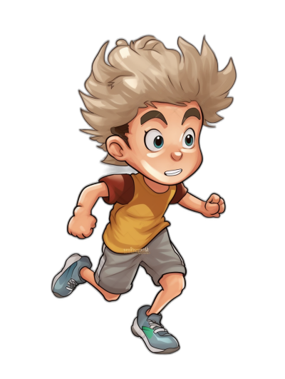 A young boy with messy blonde hair, a brown shirt and grey shorts running in the style of chibi character design on a black background.