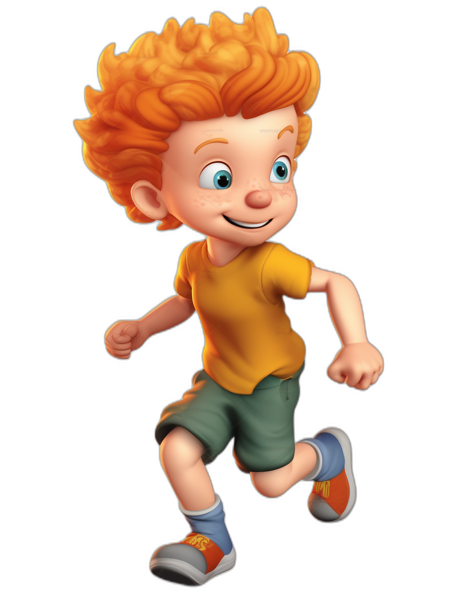 A young boy with red hair and blue eyes, wearing shorts and sneakers, running happily in the style of Pixar animation on a black background. He has orange curls and is smiling joyfully. The character should have vibrant colors and be rendered as an animated cartoon.