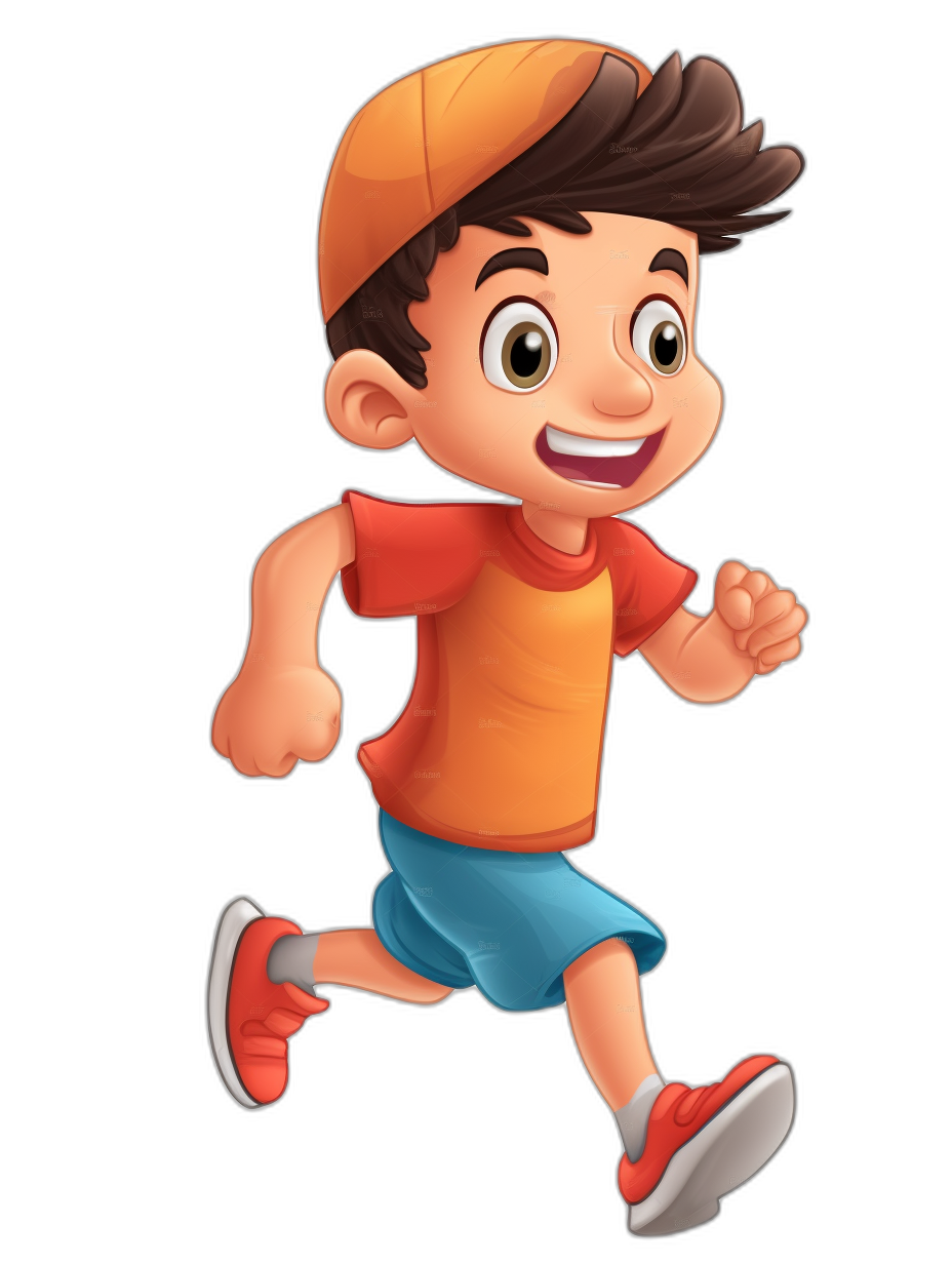 Illustration of a cartoon boy running with a smiling face. He is wearing an orange cap and blue shorts with colorful  on a black background. The art style is similar to 2D game art and is cute with a casual mobile game and Pixar animation style. The illustration is high resolution, high detail, colorful, and high quality with a 3D rendering style and high definition.