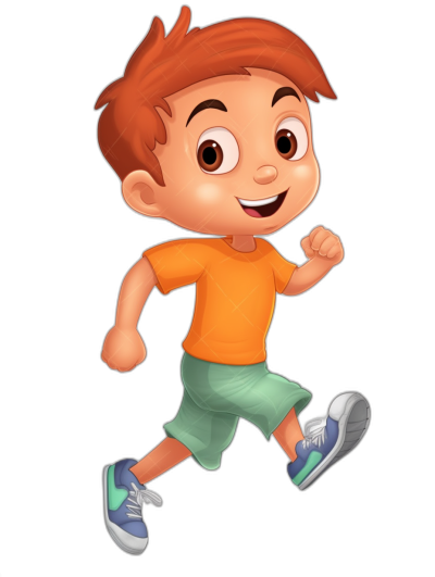 A cute cartoon boy is running with a happy facial expression. He has short red hair and is wearing an orange t-shirt with green shorts and blue shoes. The art is in the style of Pixar clipart on a black background.