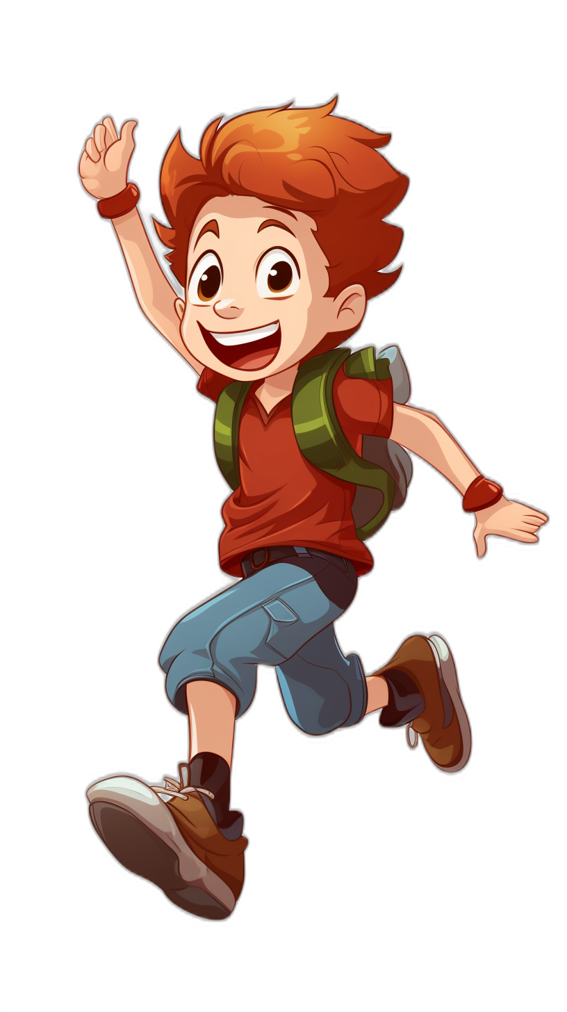 Illustration of a happy little red-haired boy in jeans and a T-shirt with a backpack jumping against a black background, in the style of cartoon and casual game art reminiscent of Pixar animation.