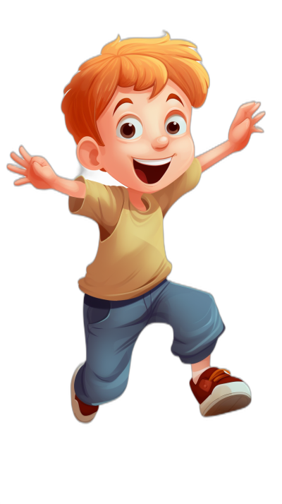 A cute little boy with red hair and brown eyes is shown jumping up in the air with a happy expression. He is depicted as a Pixar-style cartoon character in a full body shot against a solid black background. The boy is wearing short sleeves, shorts, jeans, and sneakers on his feet along with a brown t-shirt. The illustration is done in a cartoon style with warm colors, a smiling face, and a cheerful mood in the style of Pixar. The image is high resolution and detailed.
