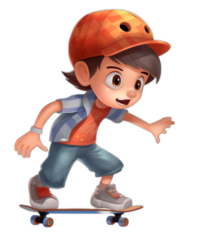 A cartoon boy with short hair, wearing an orange cap and blue shorts is skateboarding on the black background. The character design is in the style of Disney with a simple cartoon illustration. The 2D game art uses simple colors with high resolution, high detail, high quality and high definition. The image has high sharpness and the best details with best color grading and high contrast.