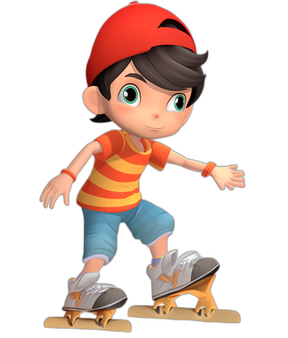 A boy with black hair, wearing an orange and yellow striped shirt under blue shorts, grey shoes on his feet, a red cap hat on his head, playing skateboard, a full body shot, in the style of Disney Pixar animation character design, on a black background, a 3d rendering, high resolution, high details, sharp focus, in the style of a hyper realistic rendering, super detailed, with studio lighting, natural light, rendered with octane render, 4k quality.