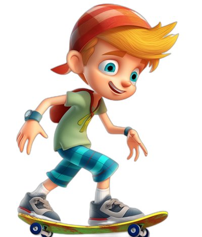 A cartoon boy with blonde hair, blue eyes and a red cap is riding on his skateboard. He has short shorts, a green shirt and grey shoes. The background of the scene should be black. Pixar style character design, vibrant colors, high resolution, high detail, high quality images, cute and colorful. Black isolated background.