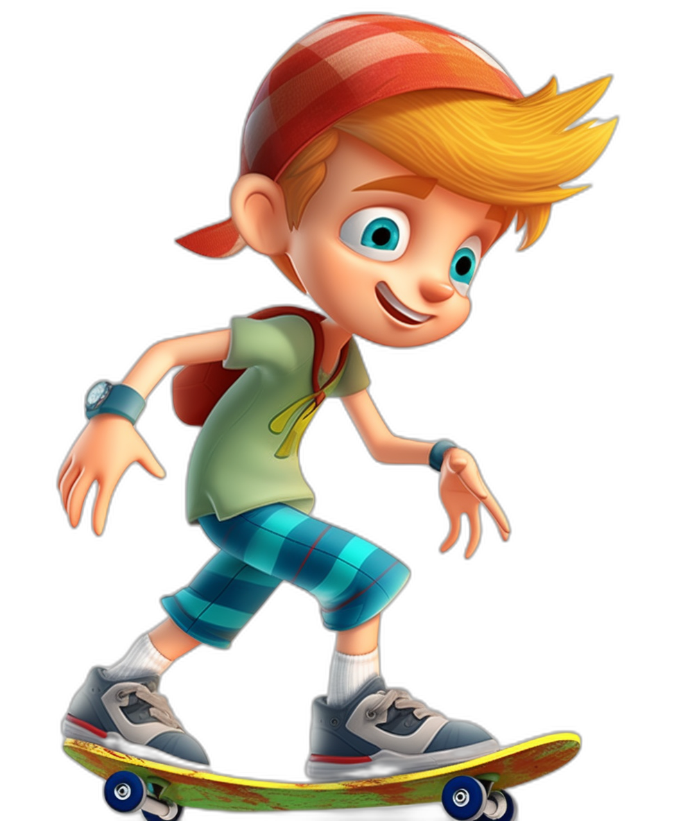 A cartoon boy with blonde hair, blue eyes and a red cap is riding on his skateboard. He has short shorts, a green shirt and grey shoes. The background of the scene should be black. Pixar style character design, vibrant colors, high resolution, high detail, high quality images, cute and colorful. Black isolated background.