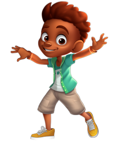 A full body shot of a happy character in the style of Disney Pixar, a young boy with brown skin and short hair wearing a green vest top, a white shirt under it and beige shorts and yellow shoes, waving his hand happily. Black background. He has cute big eyes. It is in the cartoon style of Pixar.