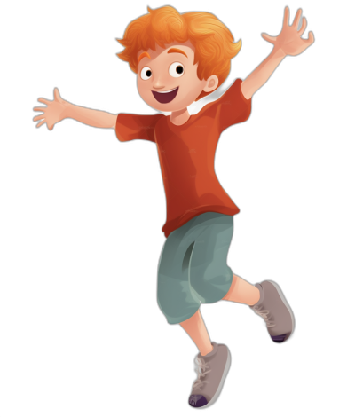 A cartoon of a happy ginger boy wearing shorts and a red t-shirt jumping against a black background, in the style of Pixar.